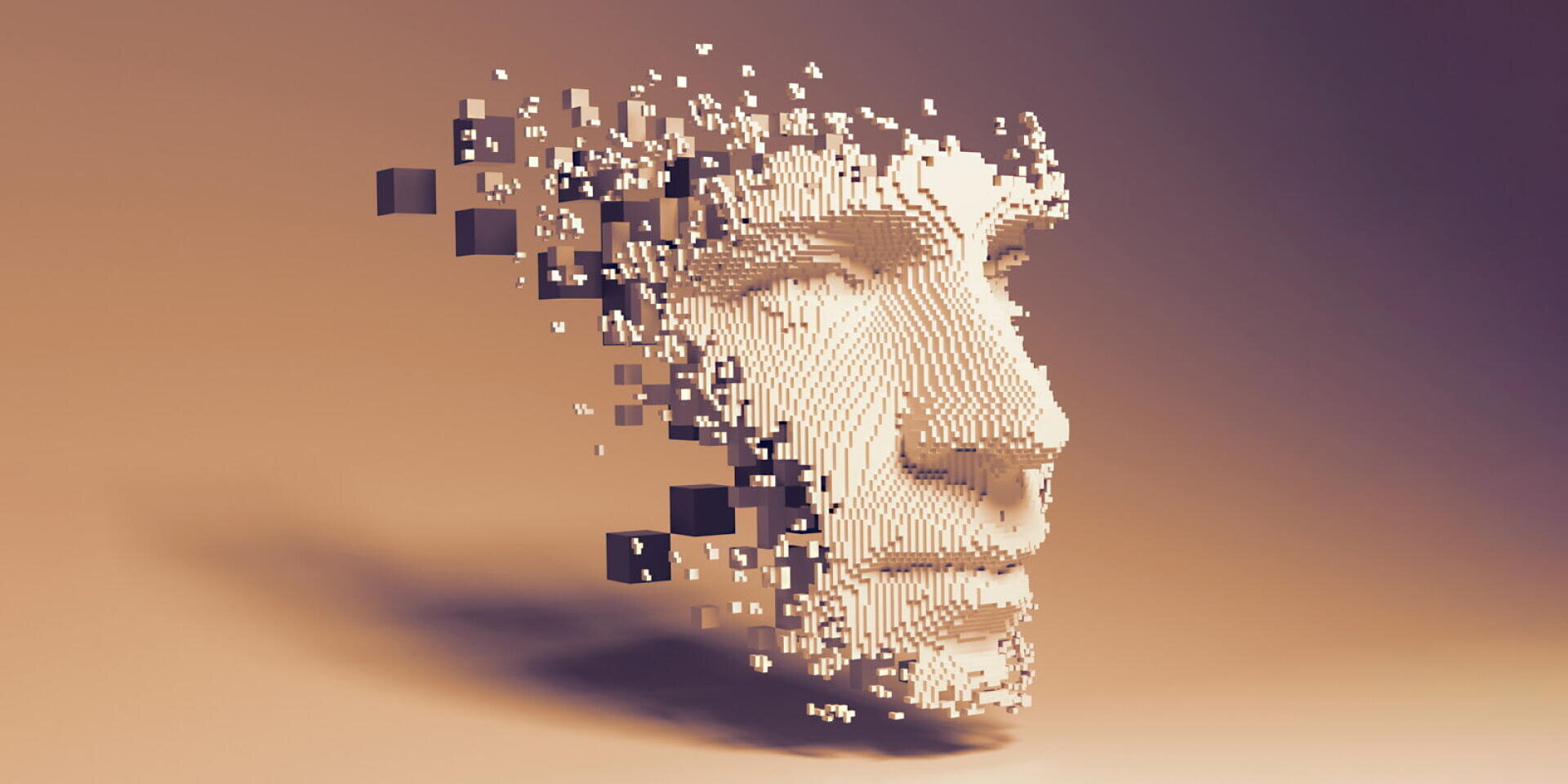 A digital 3D rendering of a human face made of small cubes, with some cubes flying away and creating a fragmented effect on a background with a brownish gradient. The face appears pensive and partially incomplete.