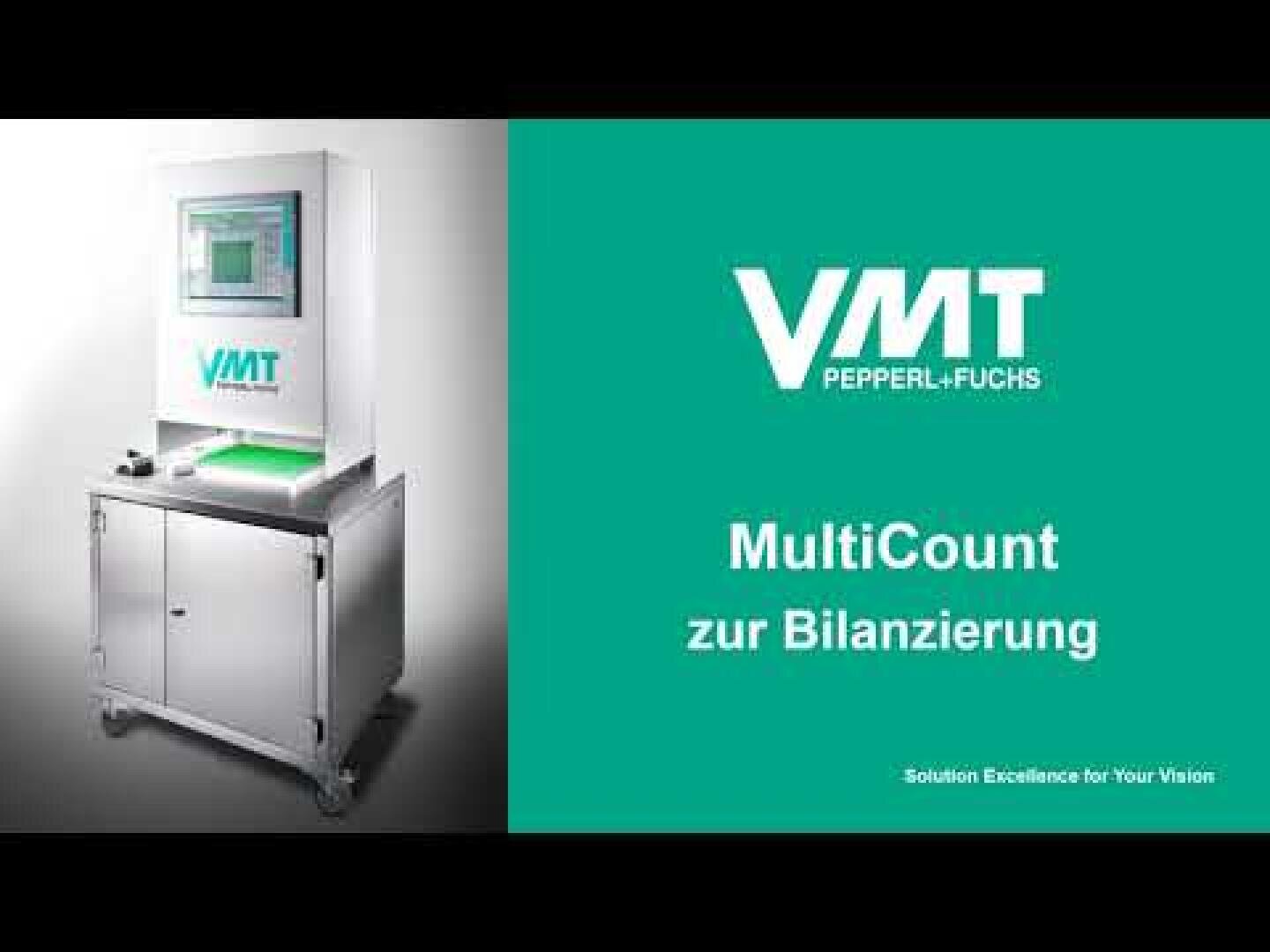 The image shows a VMT Pepperl+Fuchs machine with a screen and the text "MultiCount for balancing" on a blue-green background. The slogan "Solution Excellence for Your Vision" can also be seen.