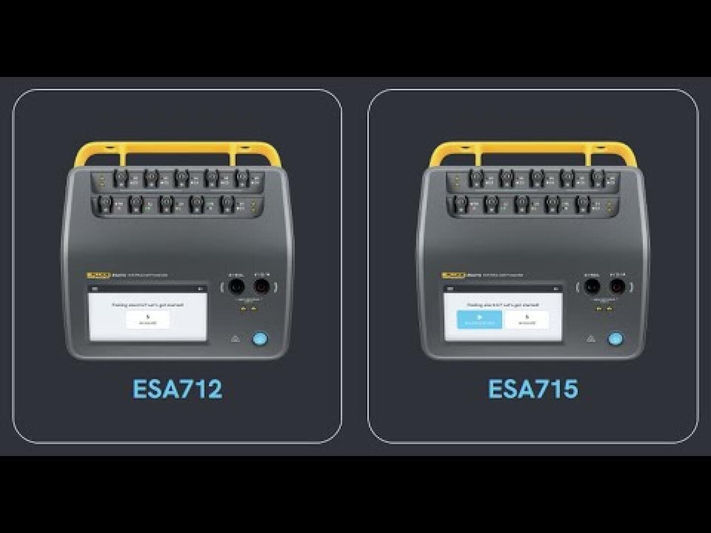 Two gray medical devices with yellow handles, labeled ESA712 on the left and ESA715 on the right, each with buttons on the top and digital screens on the front, stand side by side against a dark background.