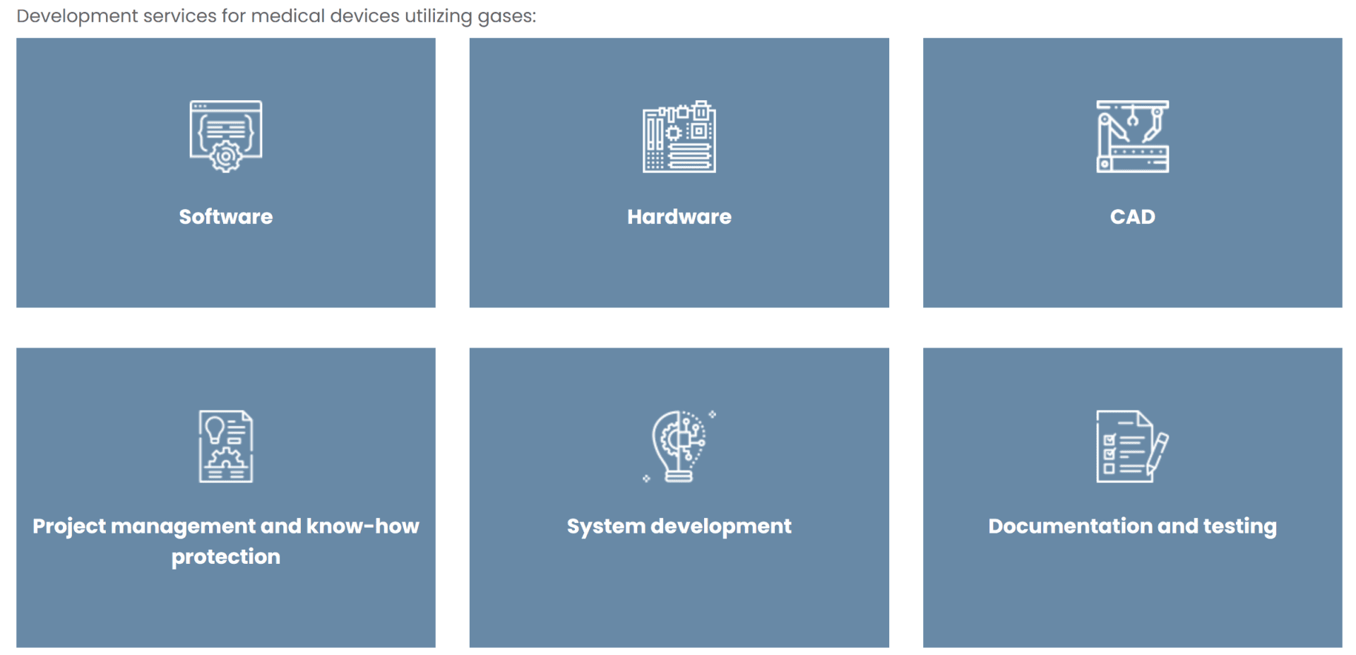 Six blue boxes with white icons and text represent services: Software, Hardware, CAD, Project management and know-how protection, System development, and Documentation and testing, related to medical device development.