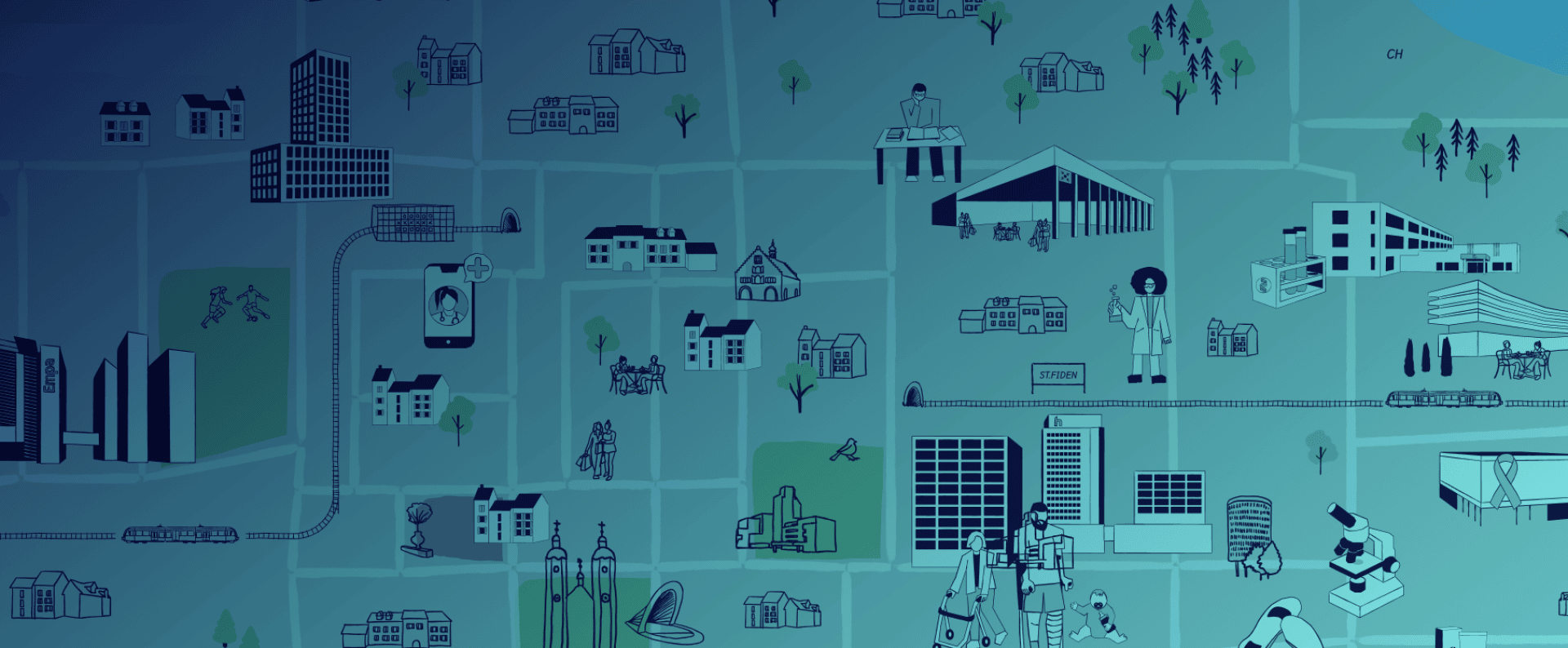 Illustration of a city map with buildings, working people, trees, trains and various urban elements, drawn in a simple, linear style with blue and green tones.