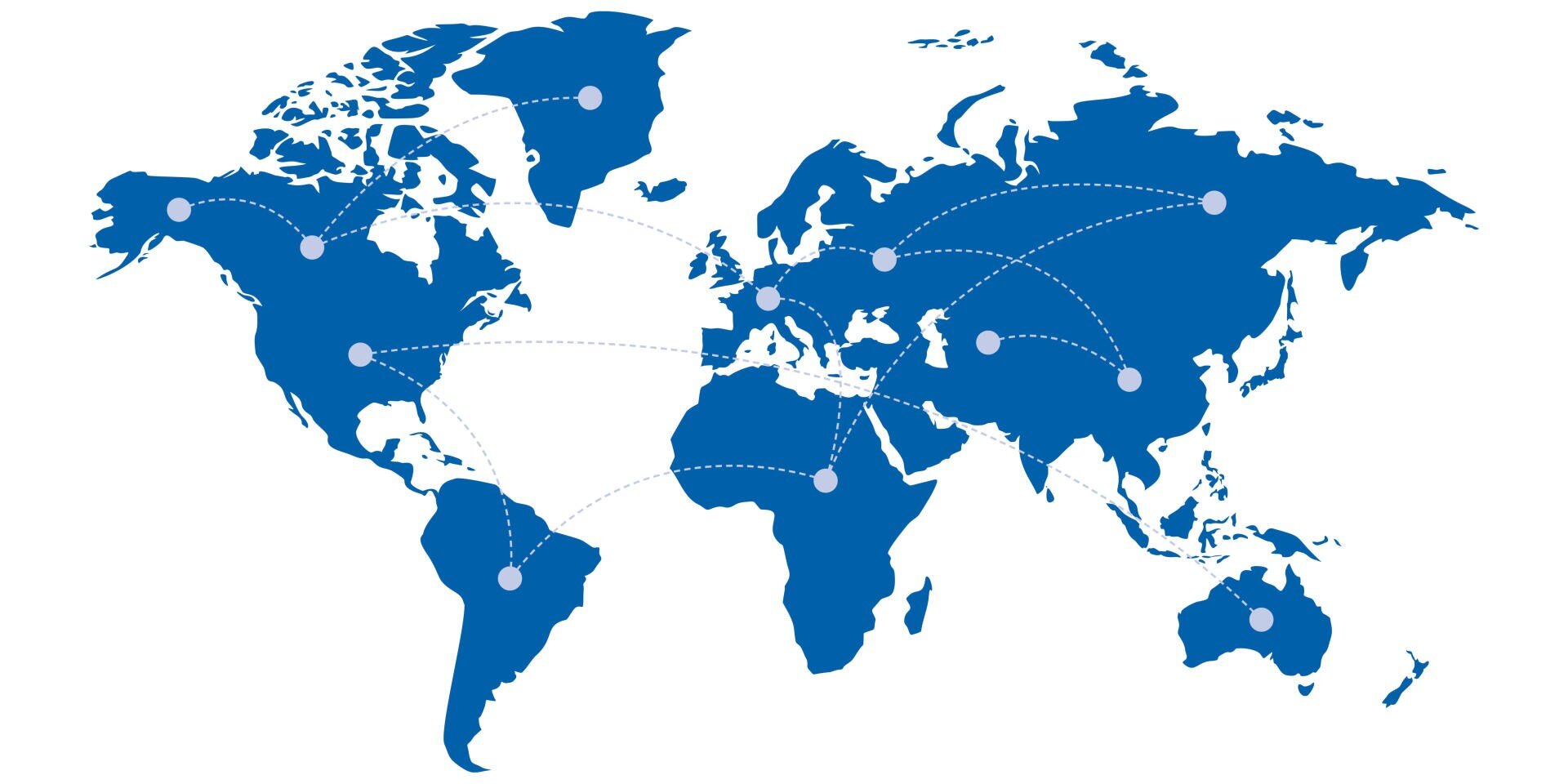 Eine blaue Weltkarte mit weißen gepunkteten Linien, die verschiedene Kontinente miteinander verbinden und globale Kommunikations- oder Netzverbindungen zwischen verschiedenen Regionen anzeigen.