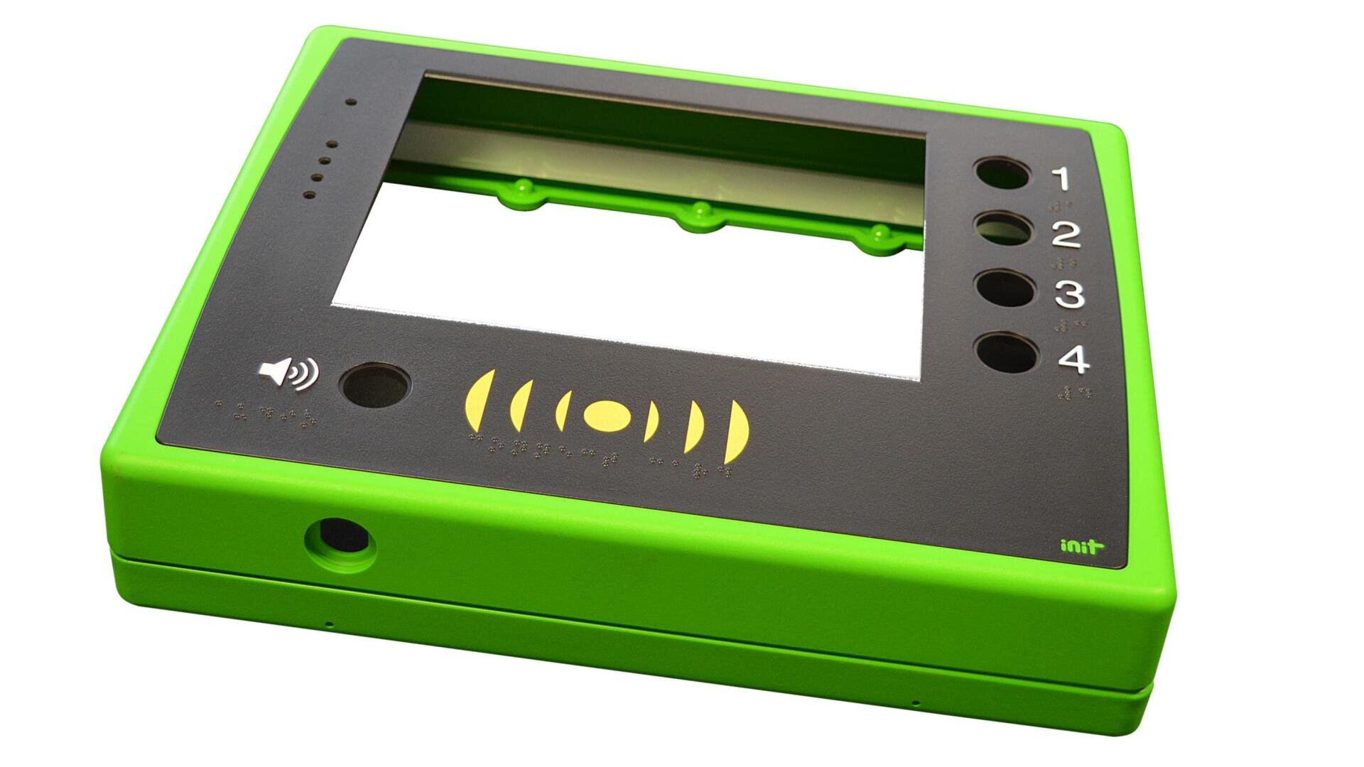 Ein grün-schwarzes elektronisches Gerätegehäuse mit vier nummerierten runden Tastenausschnitten, einem Lautsprechersymbol und einem Symbol für kontaktloses Bezahlen, bei dem jedoch das Display und die internen Komponenten fehlen.