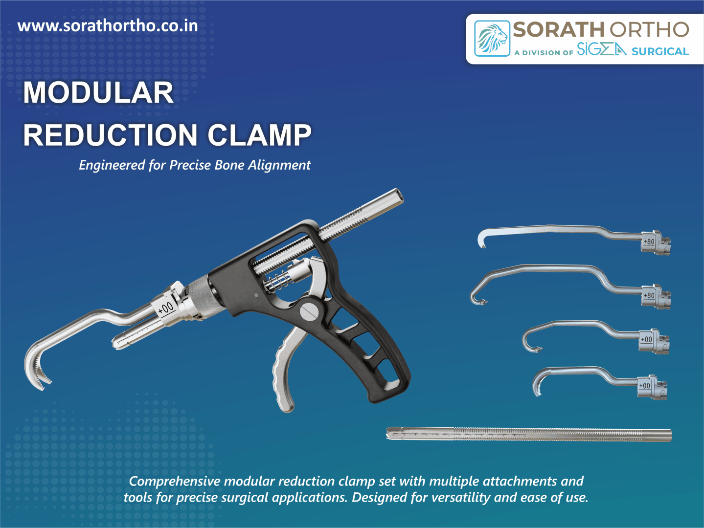 Modular reduction clamp set with multiple metal attachments and tools displayed on a blue background, designed for precise bone alignment in surgical procedures. Includes company logo and website.