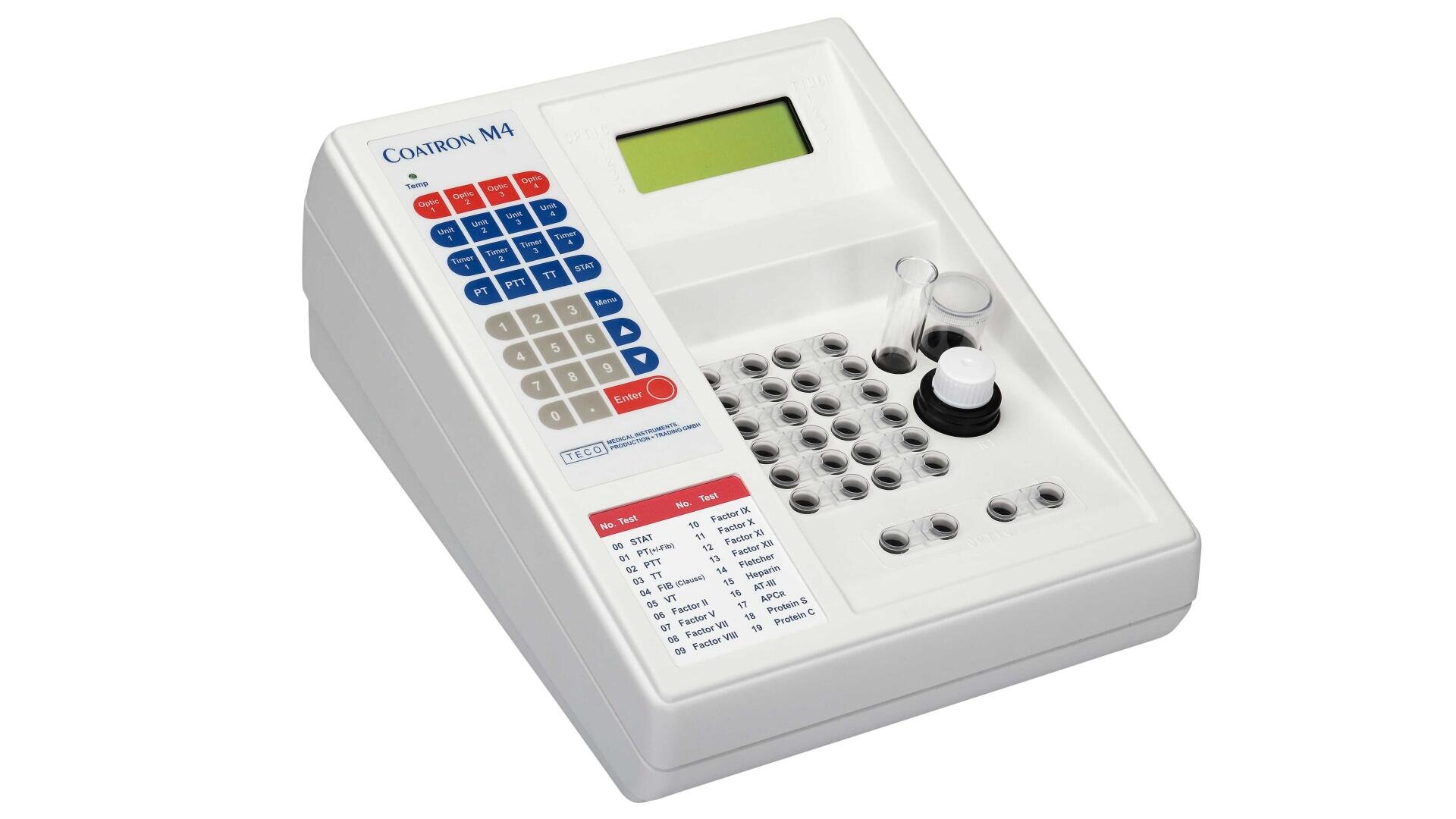 Ein weißes medizinisches Analysegerät mit digitaler Anzeige, Tastatur, Kontrollleuchten und Probenhaltern, beschriftet mit Coatron M4. Auf der Oberfläche sind Reagenzglasproben und eine aufgedruckte Testtafel zu sehen.