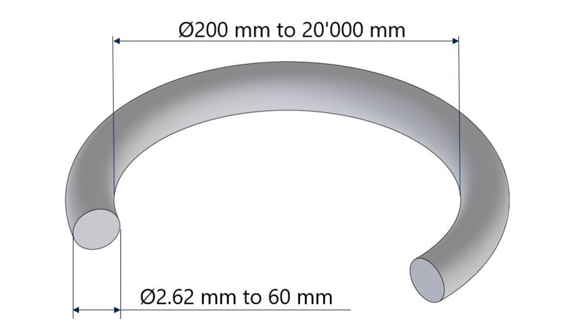3D illustration of a thick open ring, showing two diameter measurements: outer diameter ranges from 200 mm to 20,000 mm, and cross-sectional diameter ranges from 2.62 mm to 60 mm.