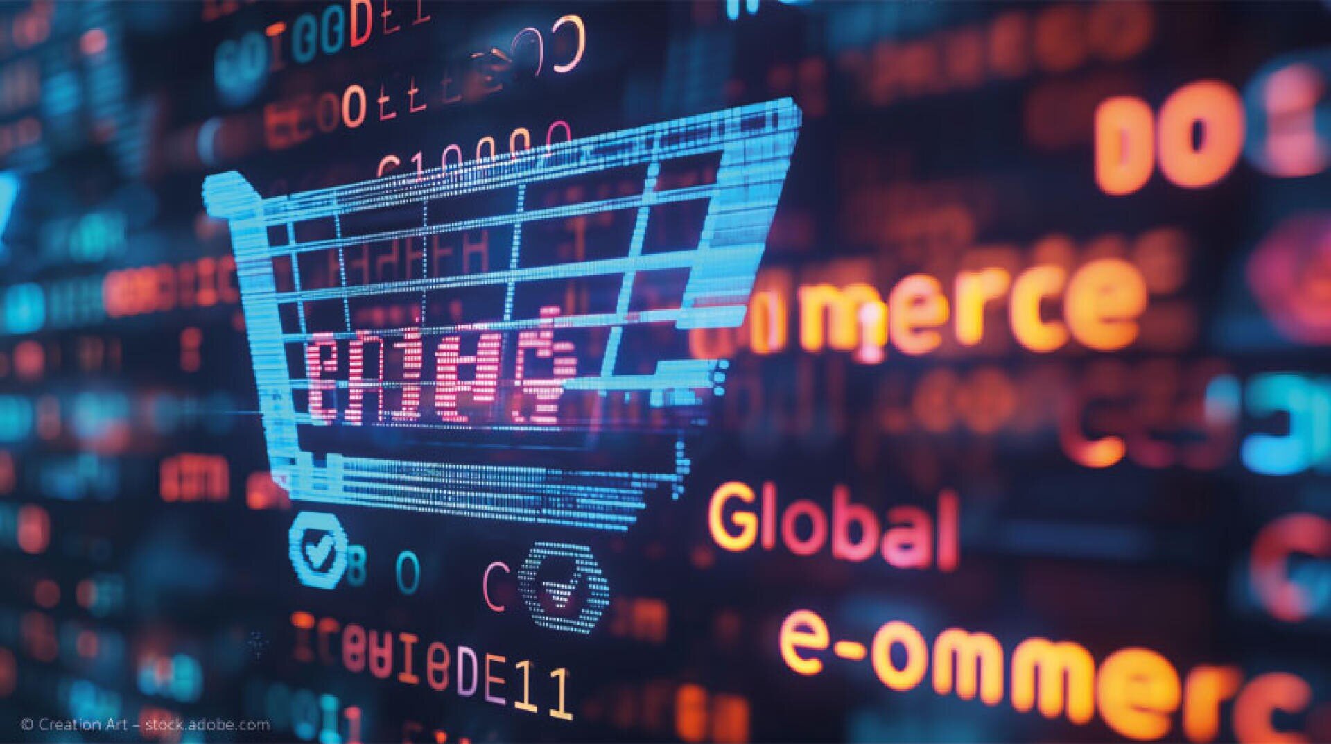 Eine digitale Illustration eines Warenkorbsymbols aus blauen Datenlinien erscheint über einem verschwommenen Hintergrund aus rotem und orangefarbenem Text, darunter Wörter wie E-Commerce und Global, die Online-Shopping symbolisieren.