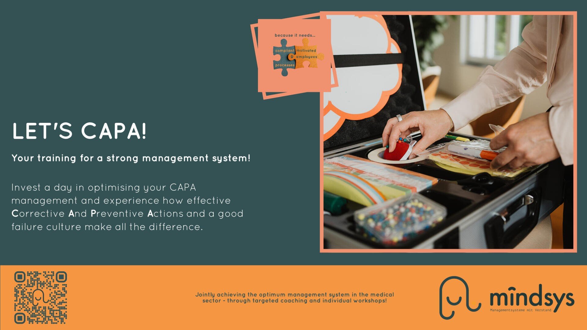 A promotional graphic for LET’S CAPA! training by Mindsys, featuring workshop materials in an open case, a QR code, and text about improving management systems with Corrective And Preventive Actions.