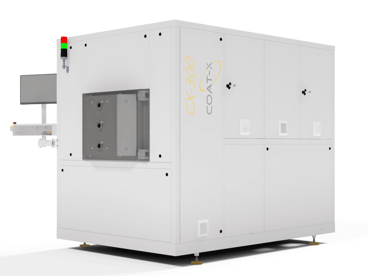 Eine große, weiße Industriemaschine mit der Bezeichnung COAT-X CX-300 mit Bedienfeld, Anzeigeleuchten, Lüftungsschlitzen und einem seitlich angebrachten Anzeigebildschirm, der auf verstellbaren Füßen steht.