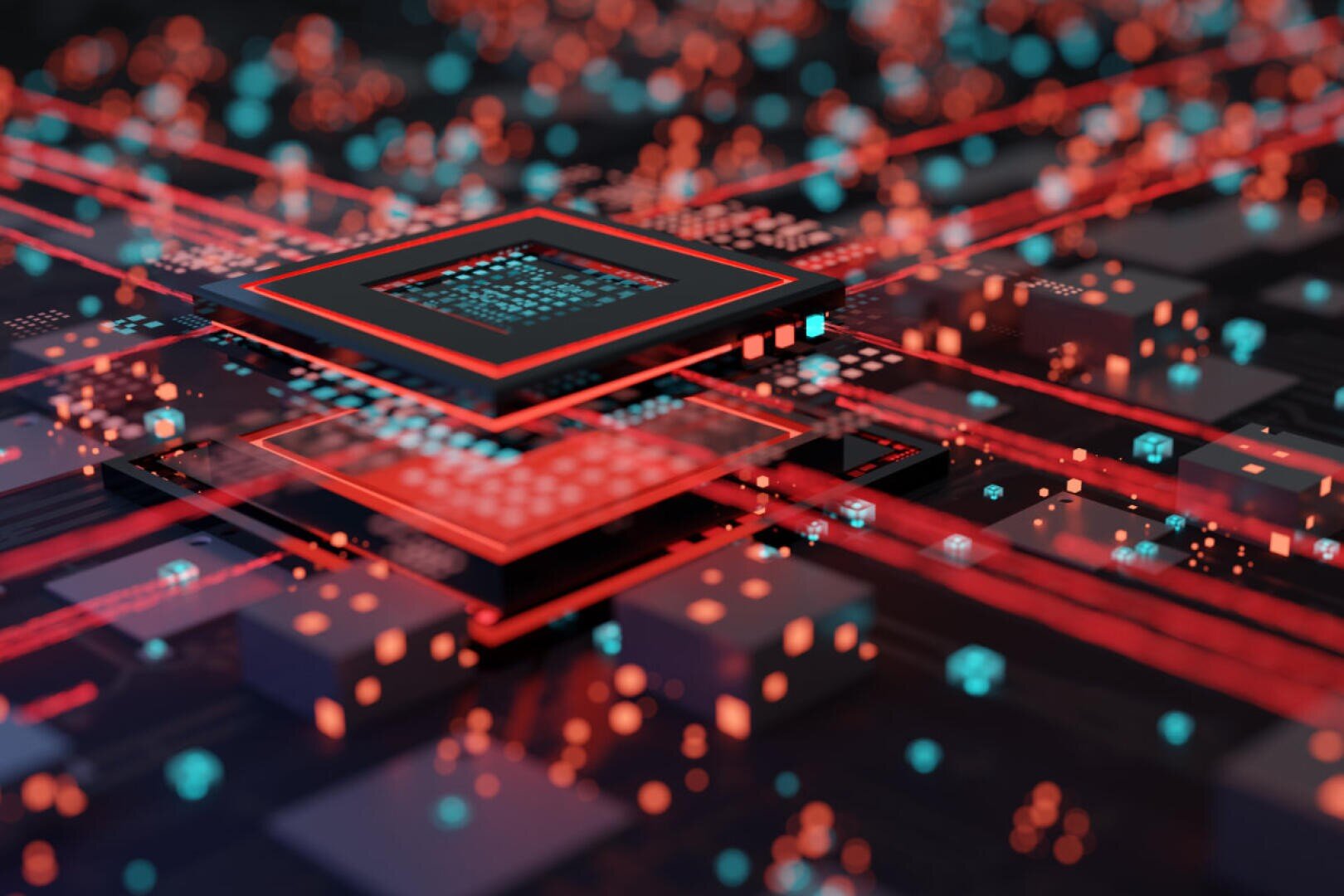 A 3D close-up of a computer chip on a circuit board, with glowing red and blue lines and dots representing the data flow and digital connections.