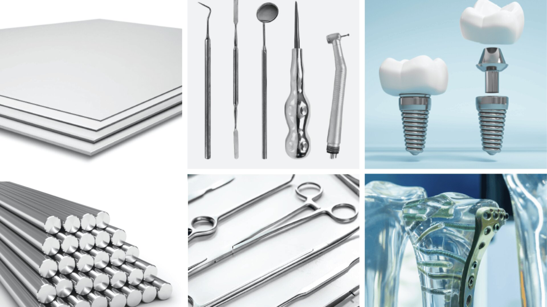 Collage of six medical-themed images: metal sheets, dental tools, dental implants, metal rods, surgical instruments, and bone implants attached to transparent bone structures.