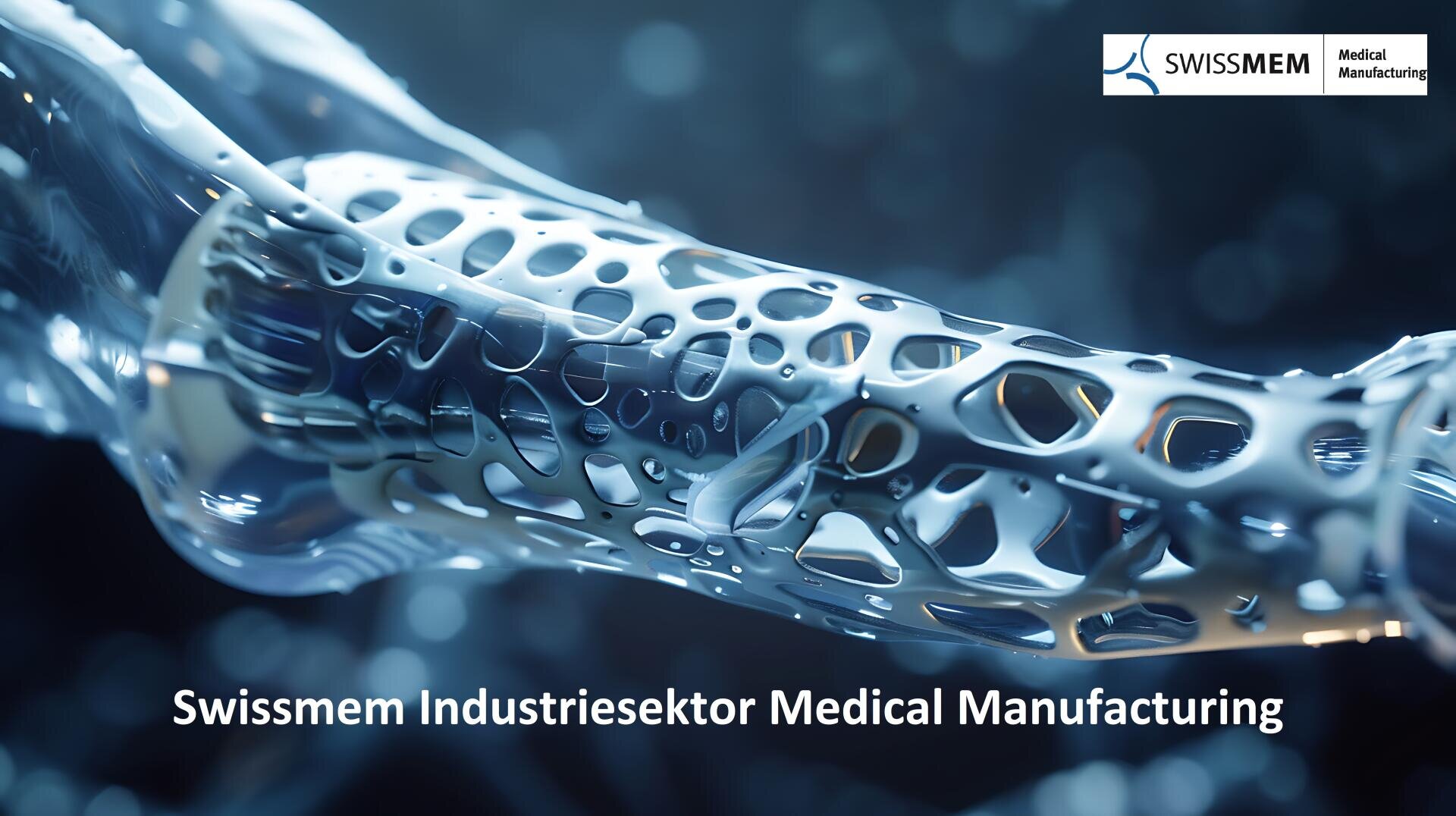 A close-up of a metallic, grid-like medical device or implant with the Swissmem logo and the text Swissmem Industrial Sector Medical Manufacturing on a blurred blue background.
