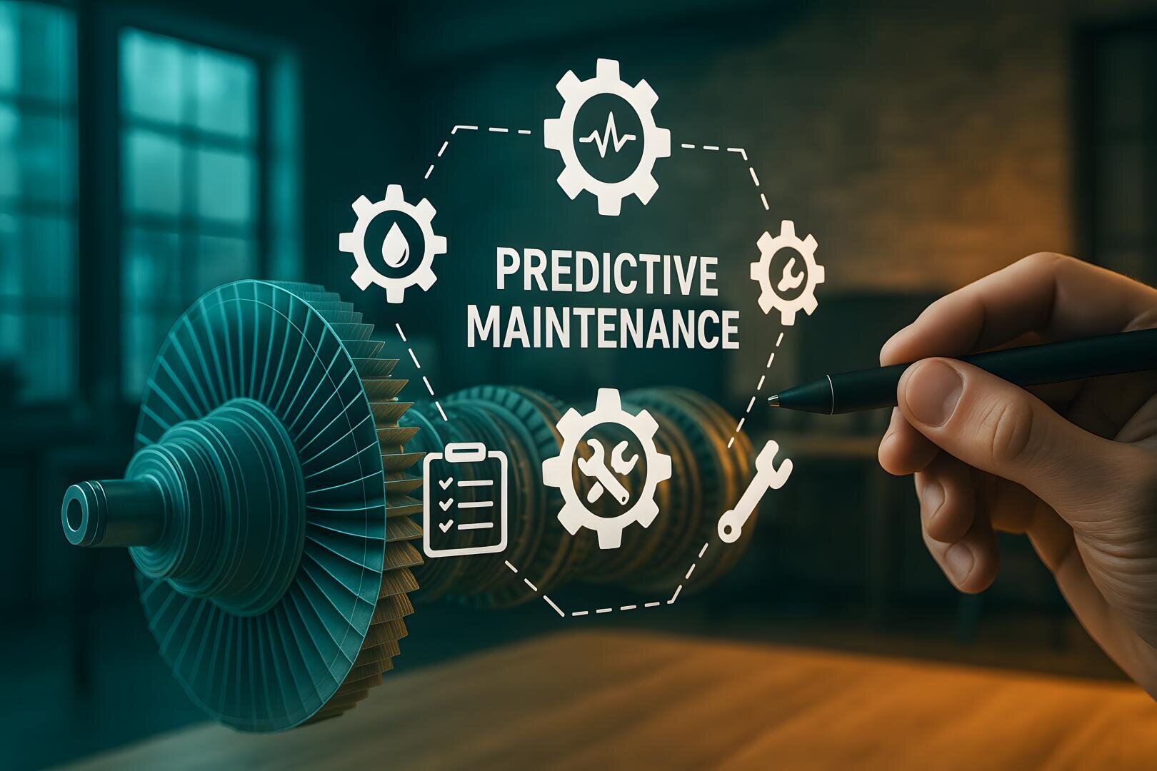 A hand holding a pen points to a holographic interface that displays the words Predictive Maintenance and related icons above a large metal gearbox in an industrial setting.