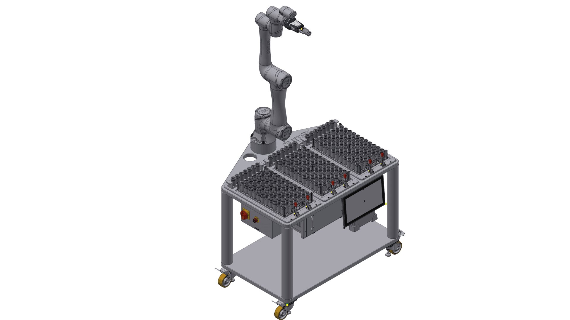 A robotic arm mounted on a wheeled metal cart with three gridded compartments and a control panel, designed for handling or sorting small objects in an industrial or laboratory environment.