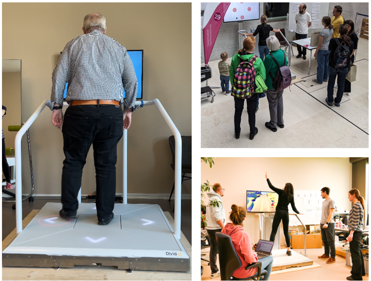 Three scenes: A man uses a motion platform, a group watches a performance in a public space, and several people interact with a motion control screen in an office environment.