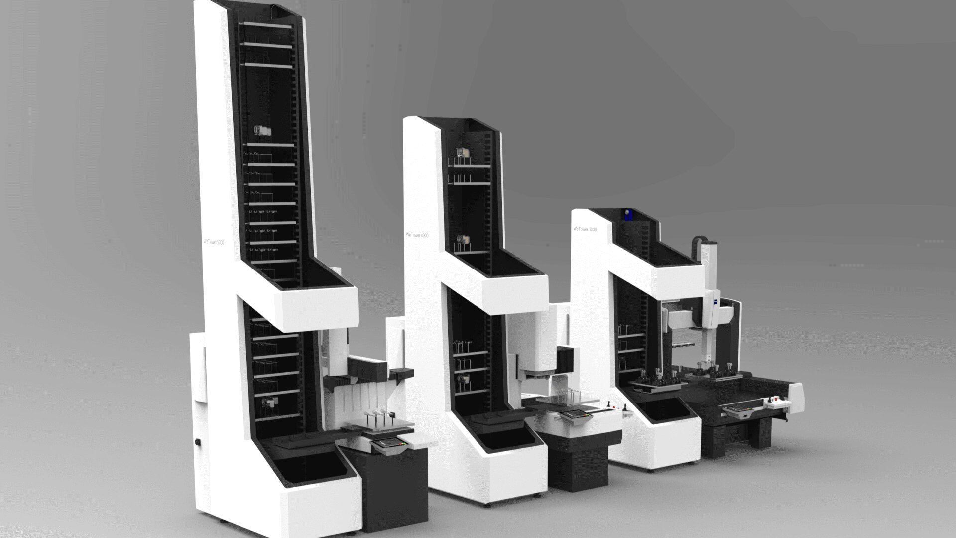 Three white, modern laboratory automation machines of varying sizes are arranged in a row on a gray background, featuring vertical storage columns and robotic arms for handling lab materials.