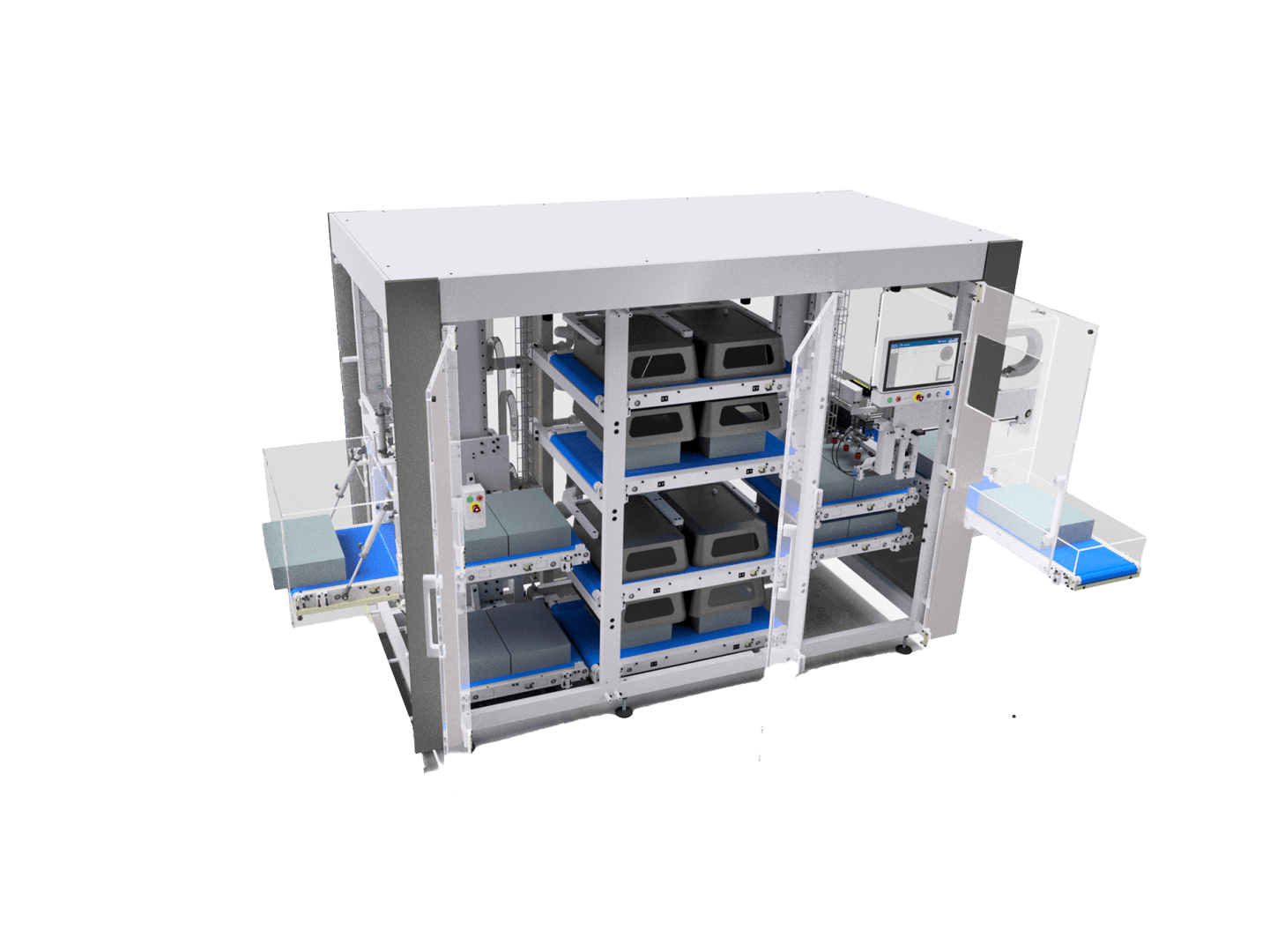 Eine große automatisierte Maschine mit mehreren Regalen und Fächern, blauen Förderbändern und einem Bedienfeld, die zum Sortieren oder Verarbeiten von Gegenständen in einer Industrie- oder Laborumgebung konzipiert ist.