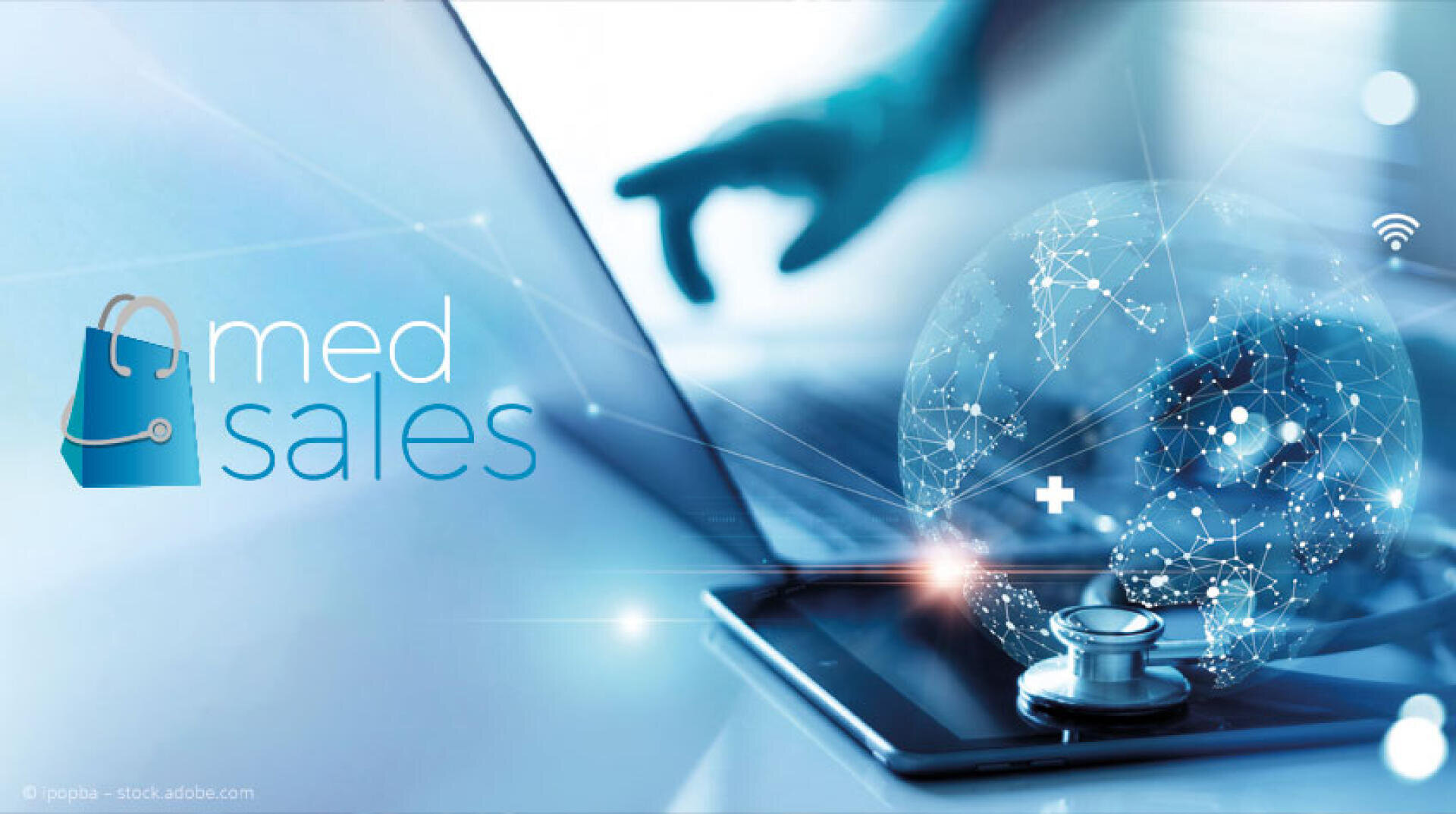 A stethoscope rests on a tablet near a laptop, with a digital globe and network icons overlay. The words med sales and a shopping bag icon appear on the left, representing medical sales and technology.