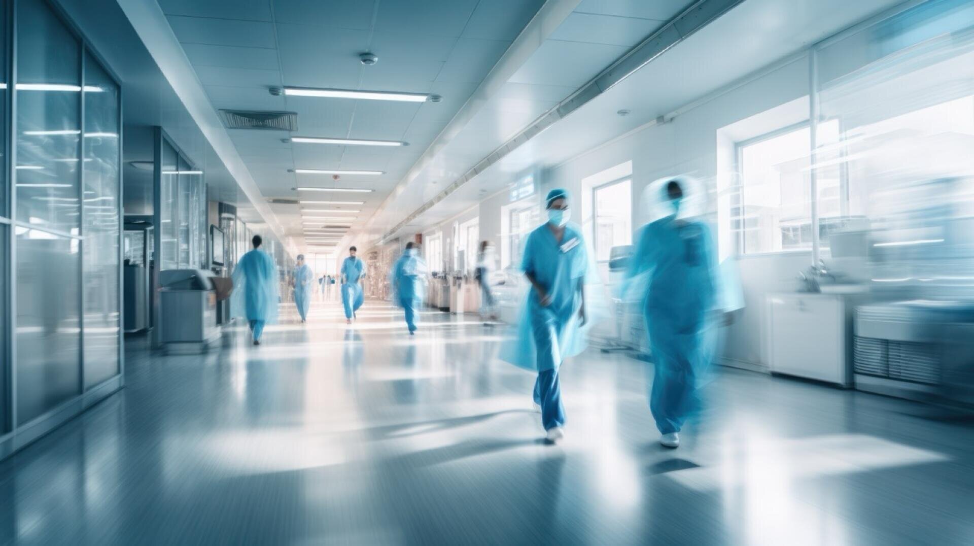 Ein belebter Krankenhausflur mit medizinischem Personal in blauen Kitteln und Gesichtsmasken, das schnell geht, unscharf, um Bewegung zu zeigen. Helles Tageslicht fällt durch große Fenster auf der rechten Seite ein.