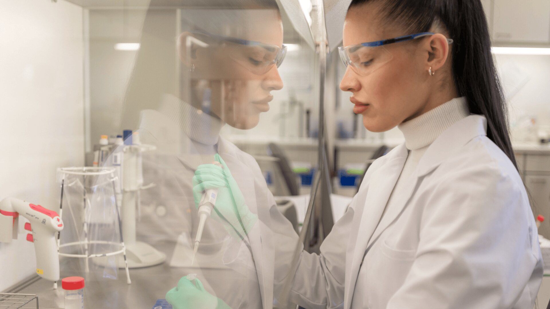 A scientist in a lab coat and safety glasses uses a pipette, her reflection visible on the glass beside her, working in a laboratory setting.
