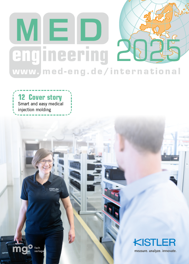 A woman in a black polo shirt hands a device to a man in a white shirt inside a bright, modern manufacturing facility. The text promotes MED engineering 2025 and features Smart and easy medical injection molding.