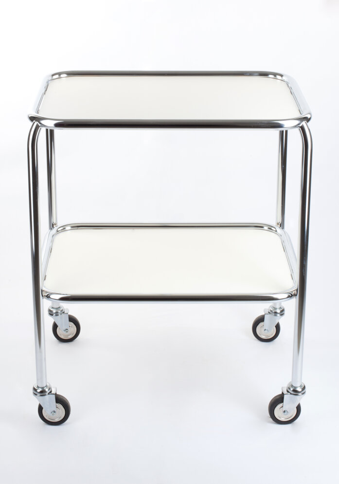 A metal utility cart with two white shelves and four caster wheels, photographed against a white background.