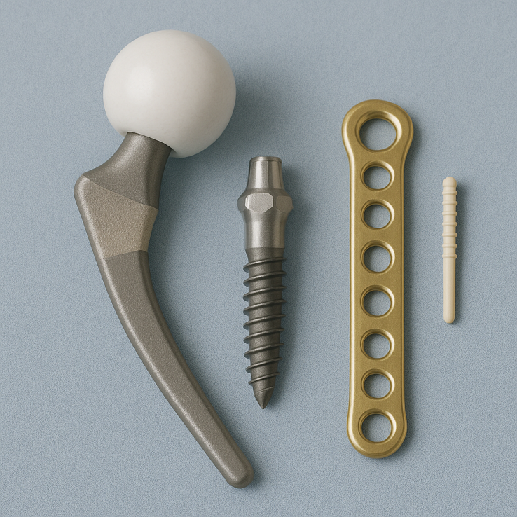 Vier orthopädische Implantate auf einer hellblauen Fläche: ein Hüftgelenkersatz, eine große Schraube, eine goldene Knochenplatte mit sechs Löchern und ein dünner weißer Stift.