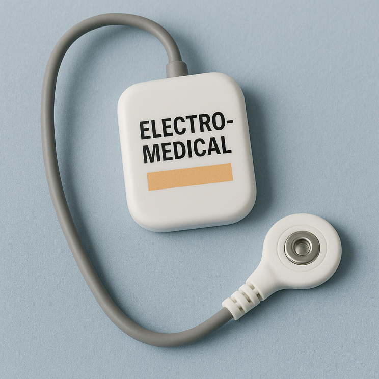 A white medical device labeled ELECTRO-MEDICAL with a gray cable attached, ending in a round metallic sensor, is placed on a light blue background.