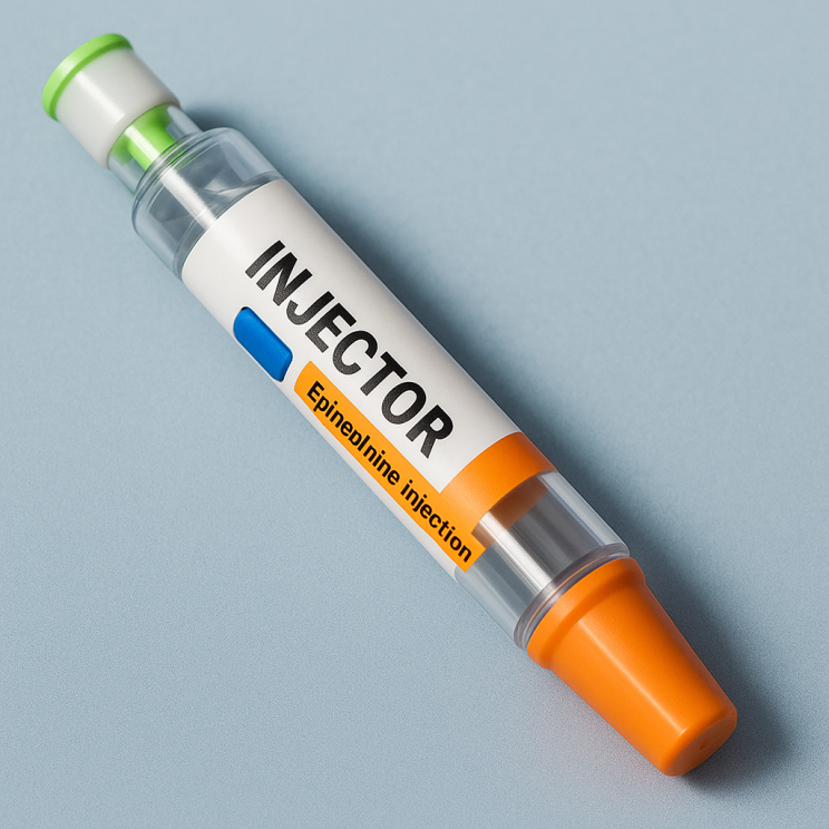 A close-up of an epinephrine injector with an orange cap and clear body, labeled INJECTOR Epinephrine injection, placed on a light blue surface.