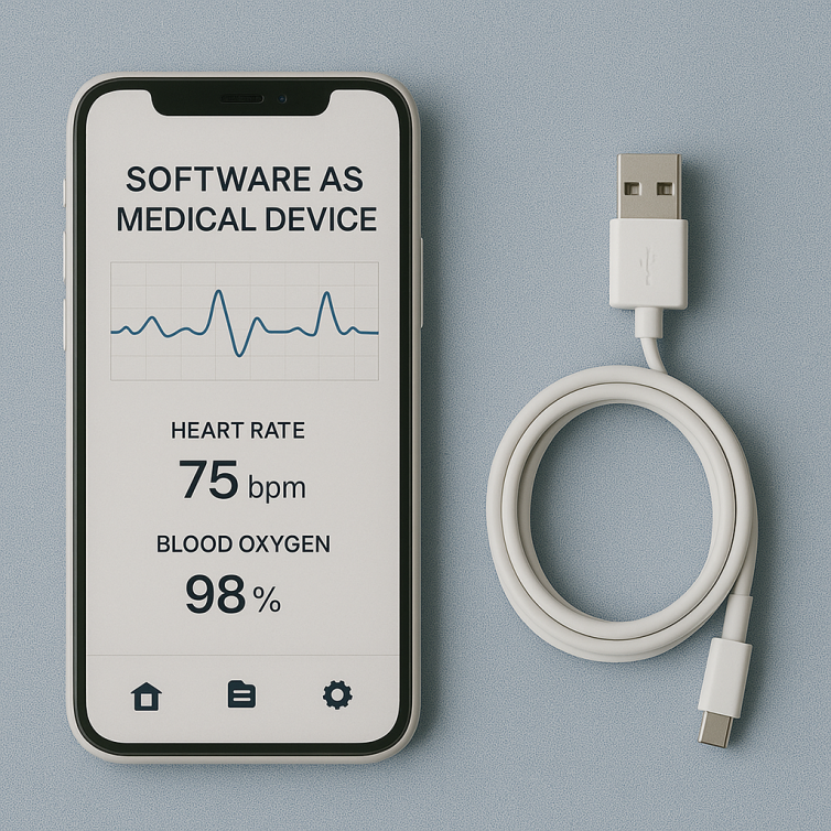 A smartphone displaying a medical app with heart rate (75 bpm) and blood oxygen (98%) readings next to a coiled USB charging cable on a gray surface.