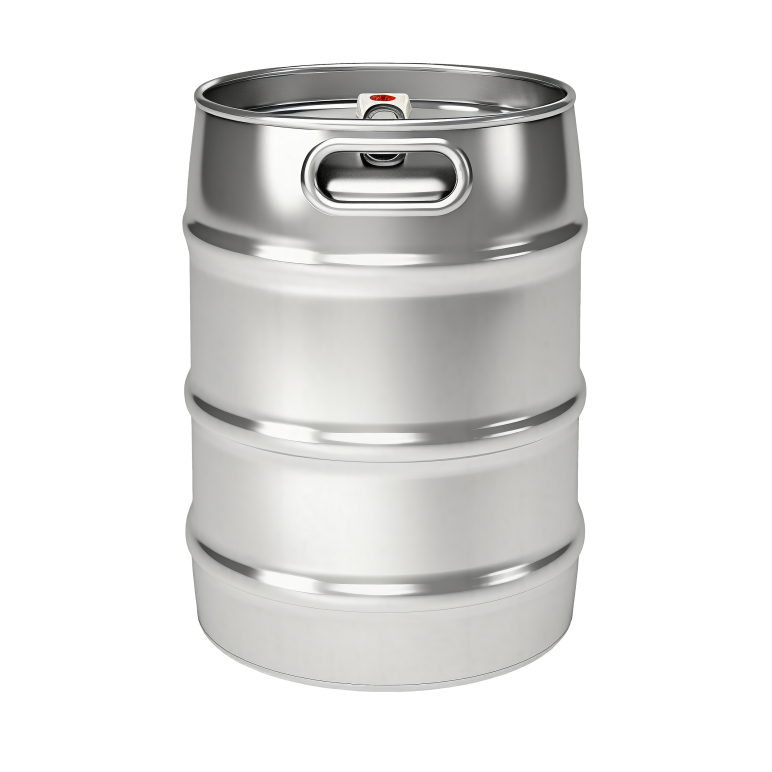 Ein glänzendes Bierfass aus rostfreiem Stahl mit einem runden Körper, zwei horizontalen Rippen, einem oberen Griff und einer Ventilöffnung auf dem flachen Deckel, isoliert auf einem weißen Hintergrund.