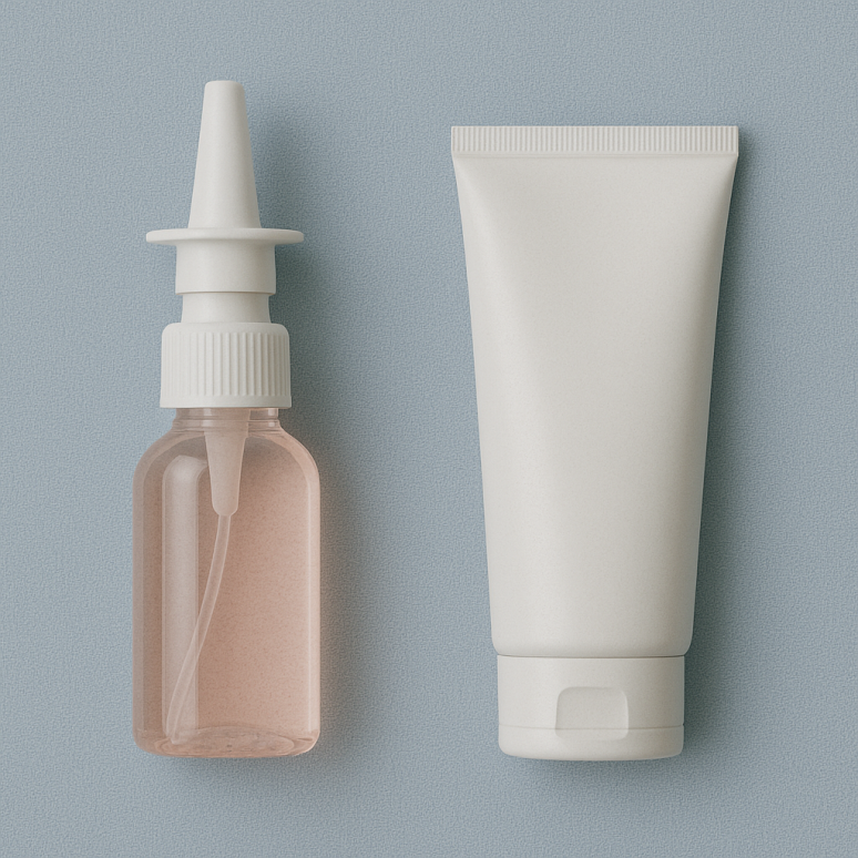 A clear plastic nasal spray bottle filled with pink liquid stands next to a plain white squeeze tube on a light blue textured surface.