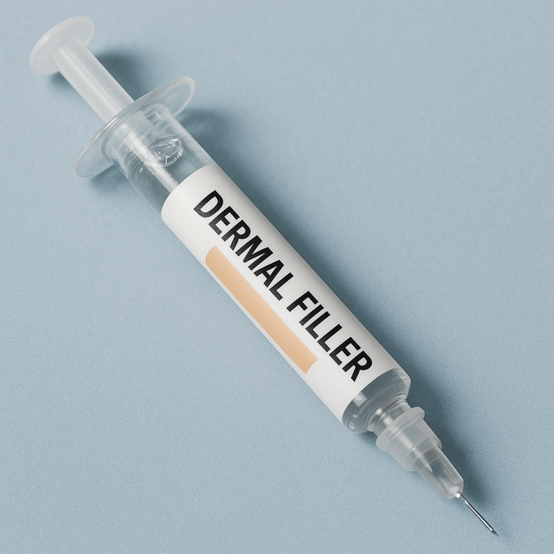 A syringe labeled DERMAL FILLER lies on a light blue surface, with a clear barrel, plunger, and a capped needle attached.