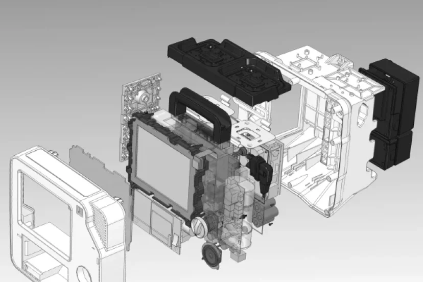Exploded technical diagram of an electronic device, showing individual components such as the outer casing, screen, buttons, internal circuitry, and connectors separated and aligned for detailed viewing.