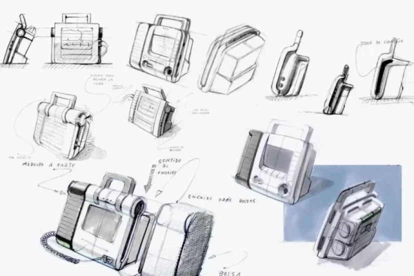 A series of hand-drawn concept sketches of portable electronic devices with handles, buttons, and screens, showing different angles and design variations. Some sketches include shading and brief handwritten notes.