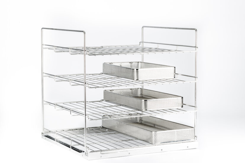 A metal wire rack with four horizontal shelves and three mesh trays placed on different levels, set against a white background. The structure appears suitable for storage or organizing items.