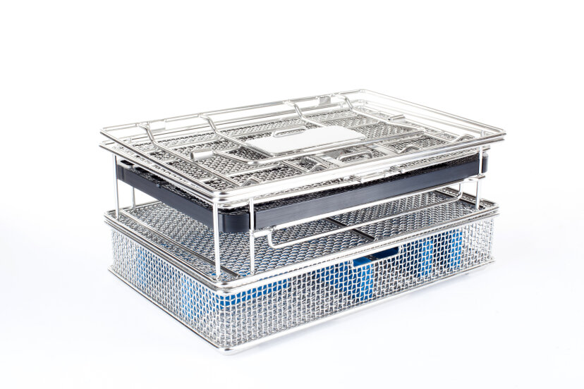 A stackable metal wire mesh sterilization basket with a lid, designed for medical or laboratory use, shown on a white background.