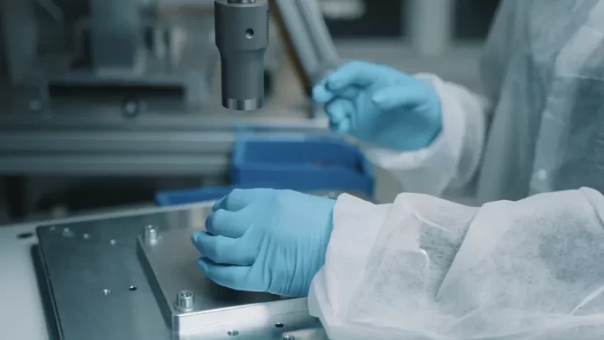A person wearing blue gloves and a white lab coat works with scientific equipment in a lab, adjusting a metallic apparatus under a microscope or inspection tool.