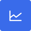 A white, minimalist line chart symbol on a blue square background showing an upward trend with a small depression in the center.