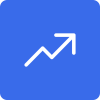 White, upward-pointing arrow that resembles a line graph on a blue, square background and indicates growth or increase.