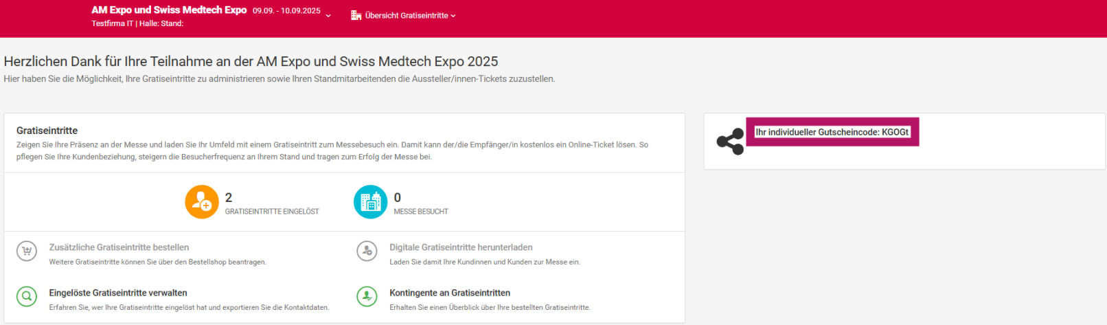 Screenshot einer Anmeldeseite für eine Veranstaltung in deutscher Sprache mit Optionen für die Bestellung von Ausstellerkarten, mit einem hervorgehobenen Feld auf der rechten Seite mit der Aufschrift Ihr individueller Gutscheincode: XK369.