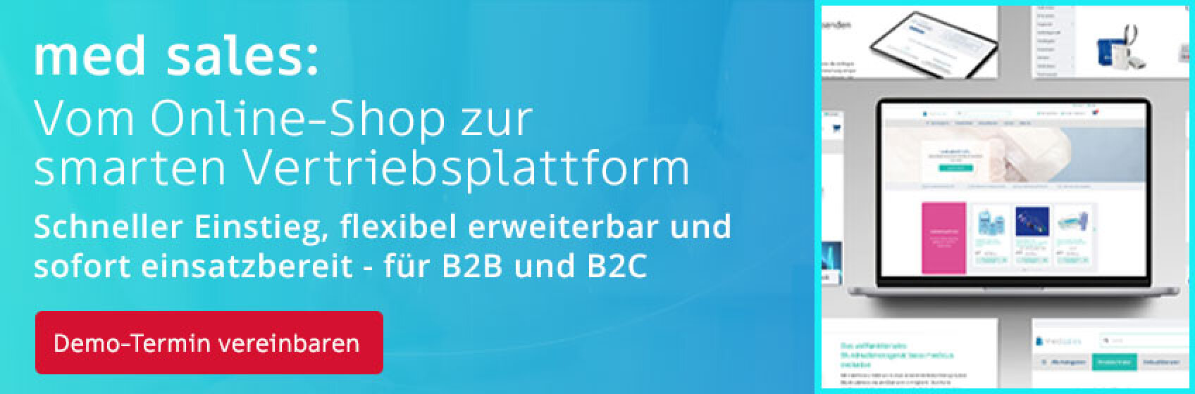Banner in deutscher Sprache zur Förderung von med sales mit Text über die Umwandlung eines Online-Shops in eine intelligente Verkaufsplattform für B2B und B2C. Enthält ein Laptop-Bild und einen roten Button mit der Aufschrift Demo-Termin vereinbaren.