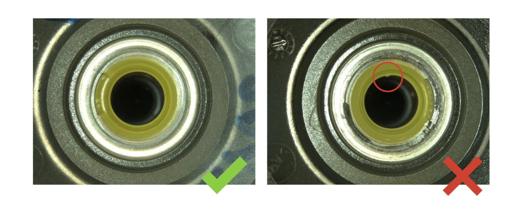 Bilder eines mechanischen Teils nebeneinander: links eine saubere, unbeschädigte Oberfläche mit einem grünen Häkchen, rechts ein Kratzer im Inneren des Rings, hervorgehoben durch einen roten Kreis und markiert mit einem roten X.