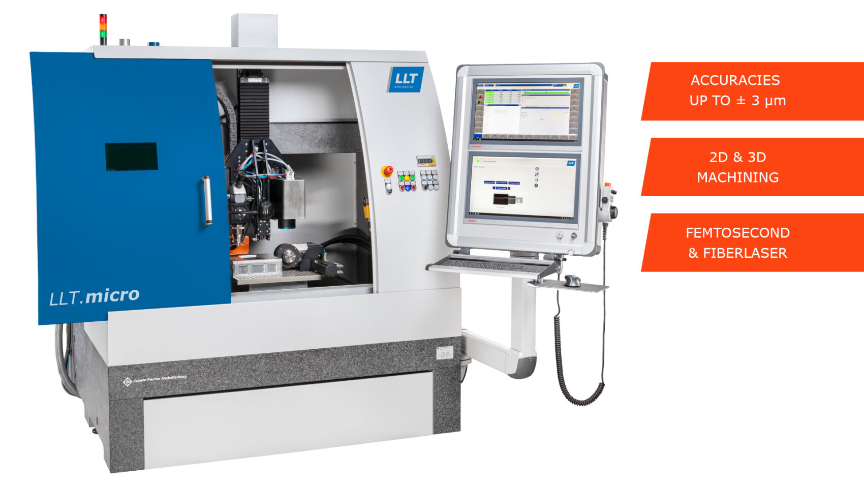 Eine industrielle Präzisionsmaschine mit der Bezeichnung LLT.micro mit einem großen Monitor, auf dem die Software angezeigt wird. Text-Highlights: Genauigkeiten bis zu ± 3 µm, 2D- und 3D-Bearbeitung, Femtosekunden- und Faserlaser.