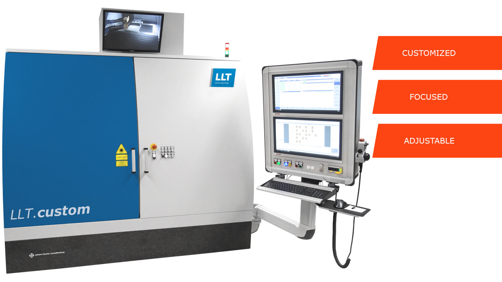 Eine große Industriemaschine mit der Aufschrift LLT.custom steht neben einem Computerarbeitsplatz mit drei Monitoren. Drei orangefarbene Textbalken zeigen: CUSTOMIZED, FOCUSED, und ADJUSTABLE.