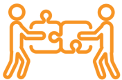 Zwei einfache orangefarbene Strichmännchen, die sich gegenüberstehen und die Hände schütteln, mit ineinander greifenden Puzzlestücken als Arme und Hände.