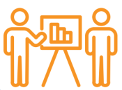 Einfache orangefarbene Strichzeichnung von zwei Personen, die sich vor einer Präsentationstafel mit einem Balkendiagramm die Hände schütteln, was eine Partnerschaft oder geschäftliche Zusammenarbeit darstellt.